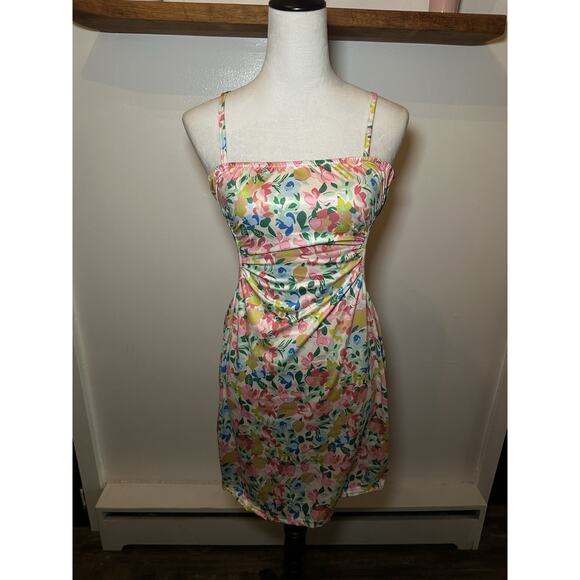 Y2K 2000s Cut Out Mini Dress Women's Size Medium Multi Color Floral Summer Dress - Picture 2 of 3